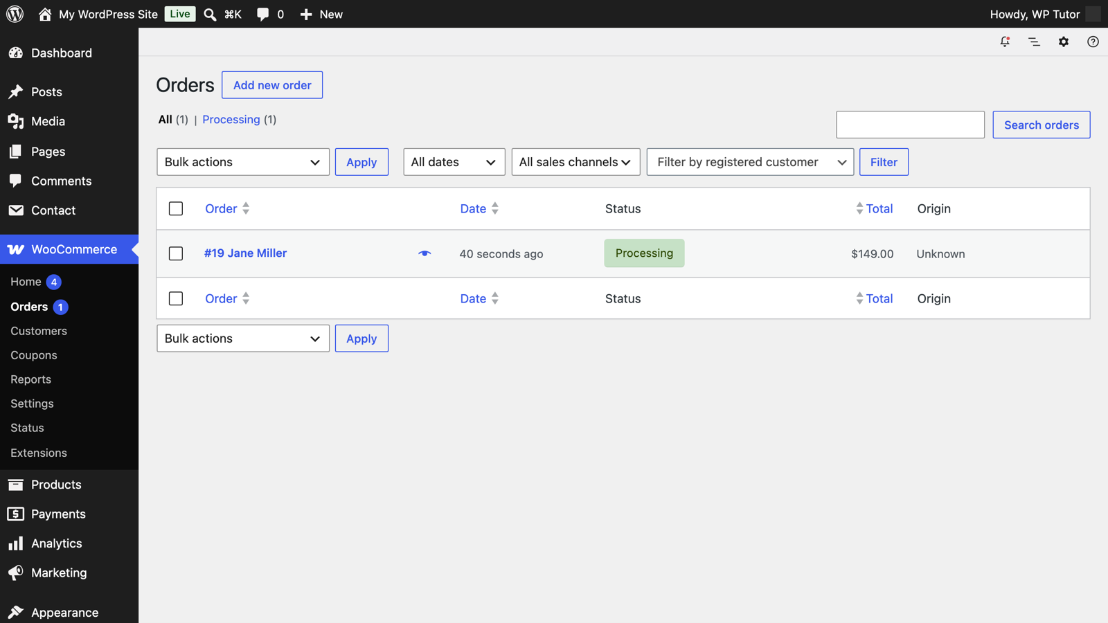 The WooCommerce orders list