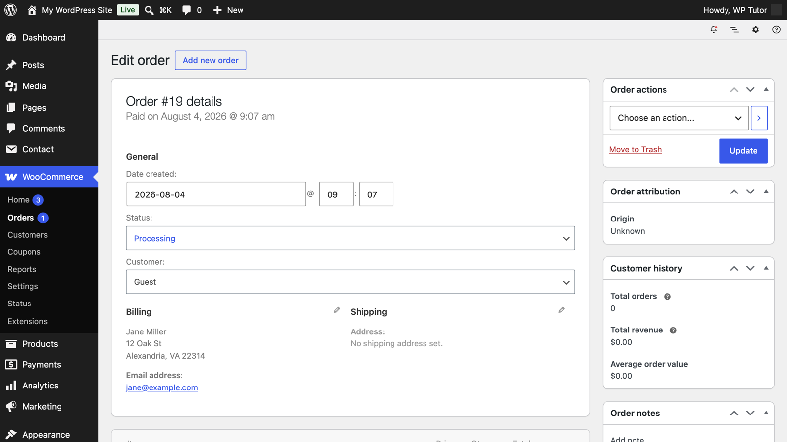 A single order open in WooCommerce