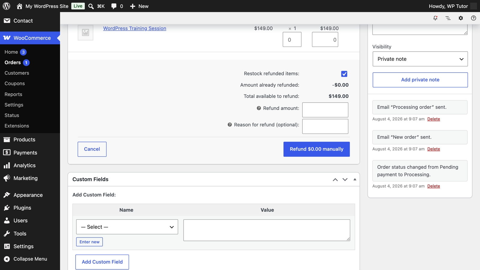 The refund panel expanded inside an order