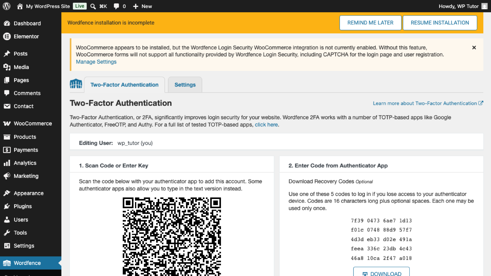 Wordfence Login Security's 2FA setup with recovery codes