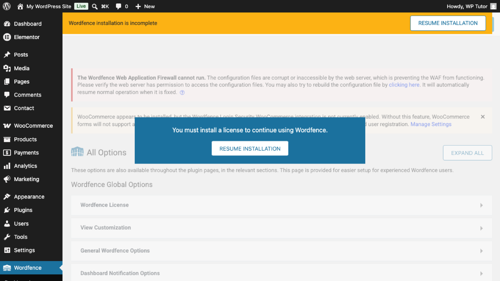 Wordfence's options screen