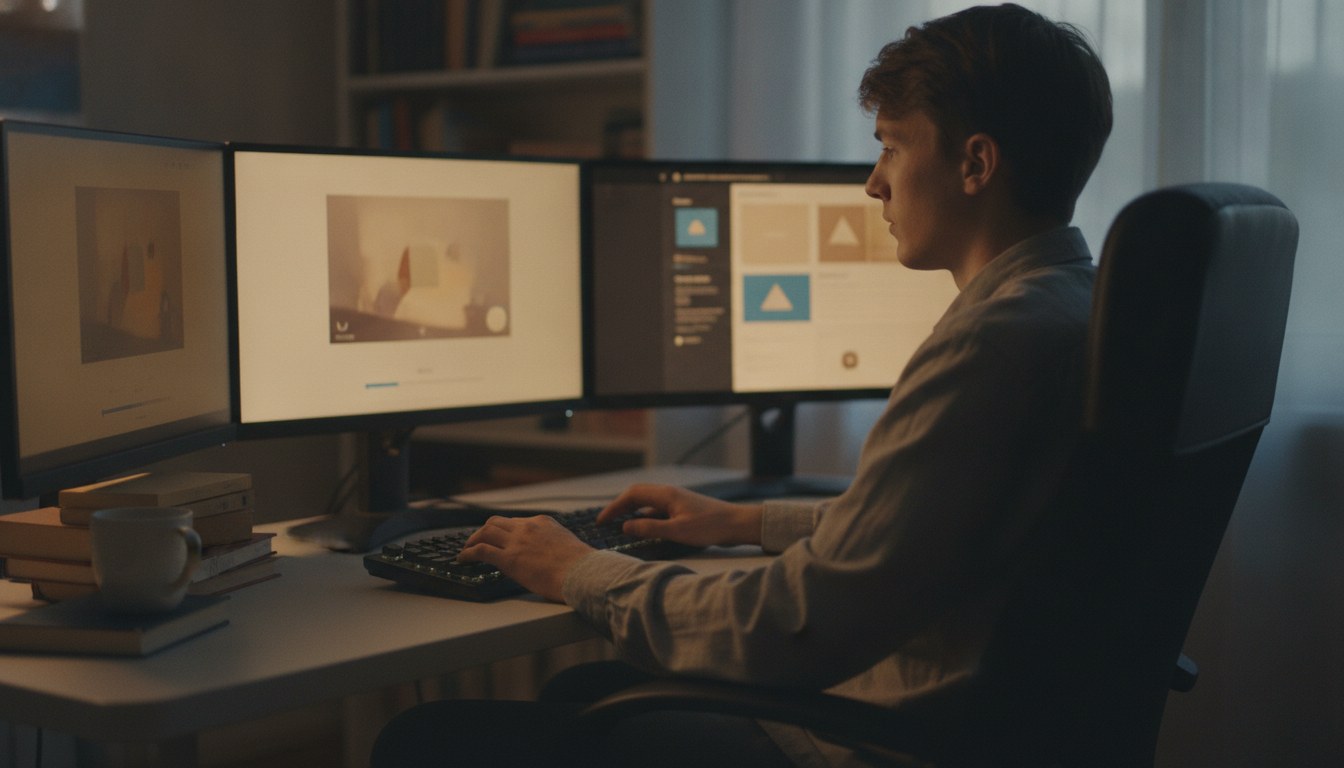 A learner following a WordPress course on one monitor while building their own site on the other