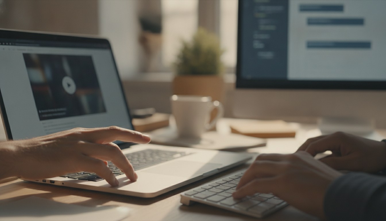 Hands pausing a WordPress video lesson on a laptop while working in a second window
