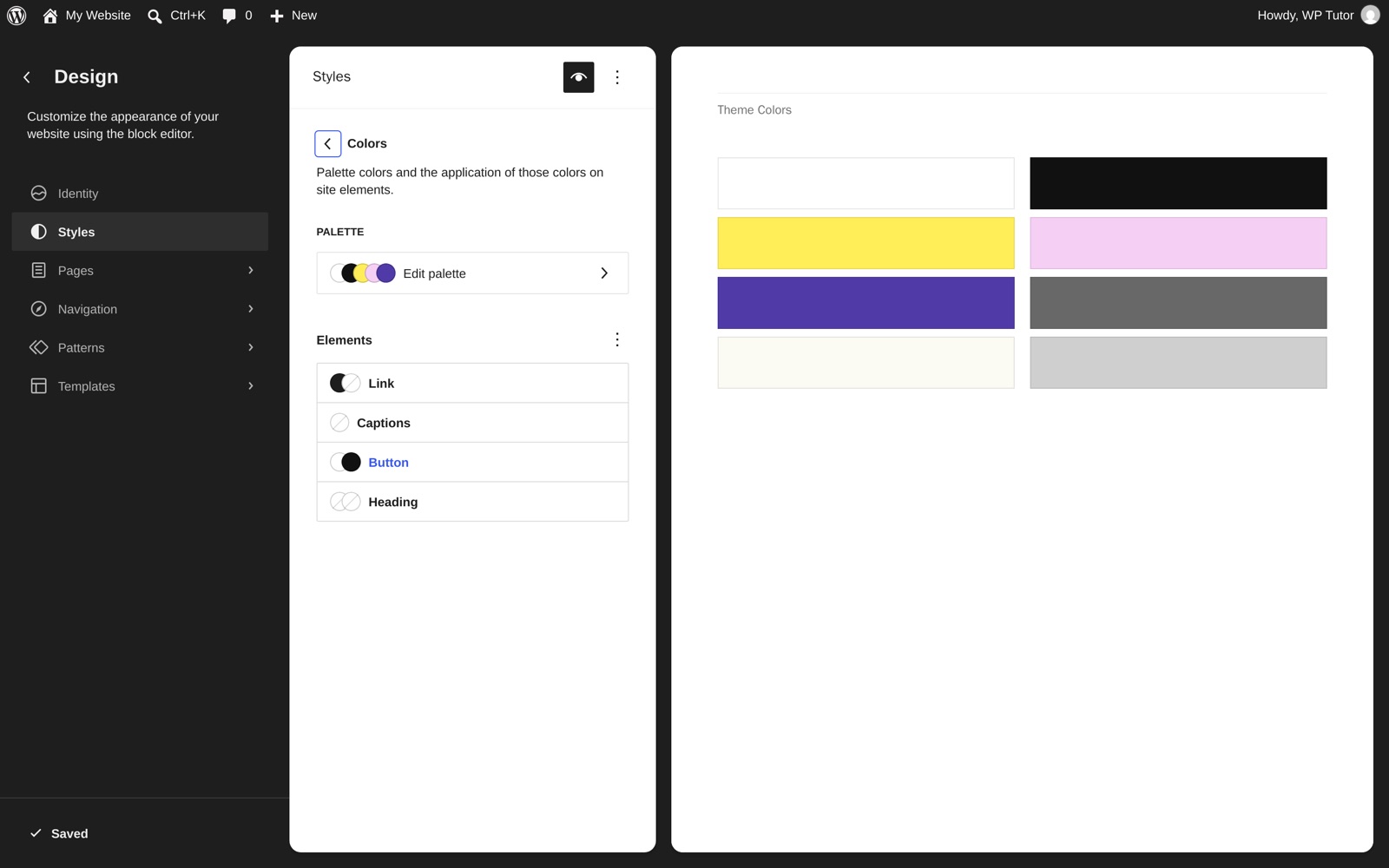 The Colors panel: palette editing plus element roles for link, caption, button, and heading