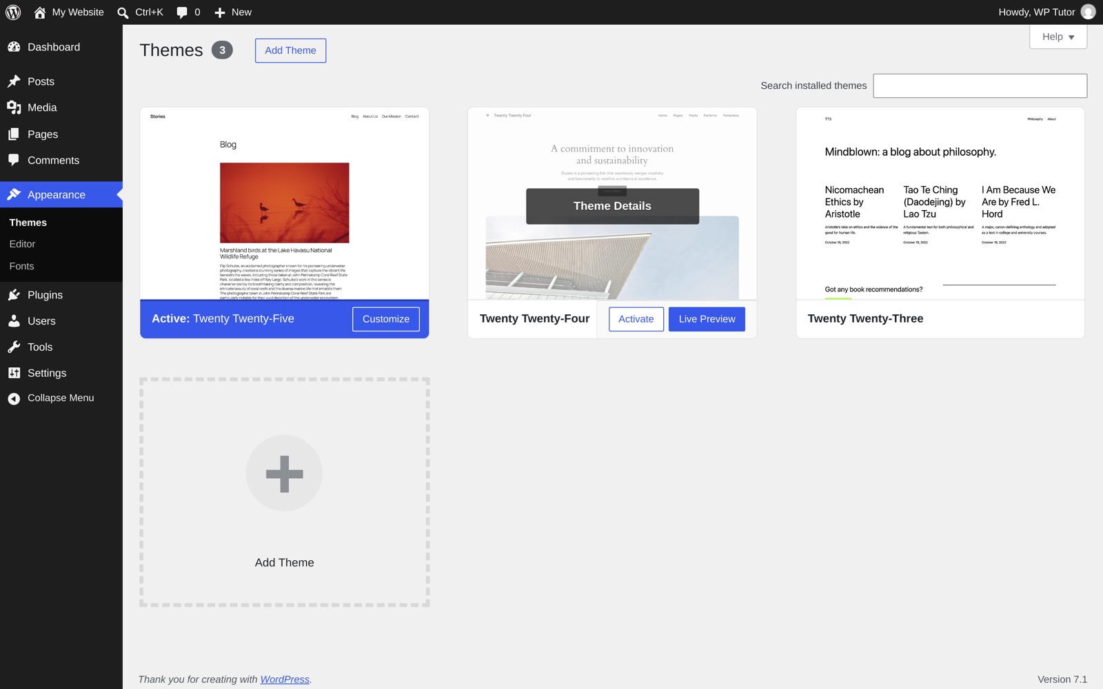 A WordPress 7.1 install's Themes screen: Twenty Twenty-Five active, Twenty Twenty-Four and Twenty Twenty-Three installed