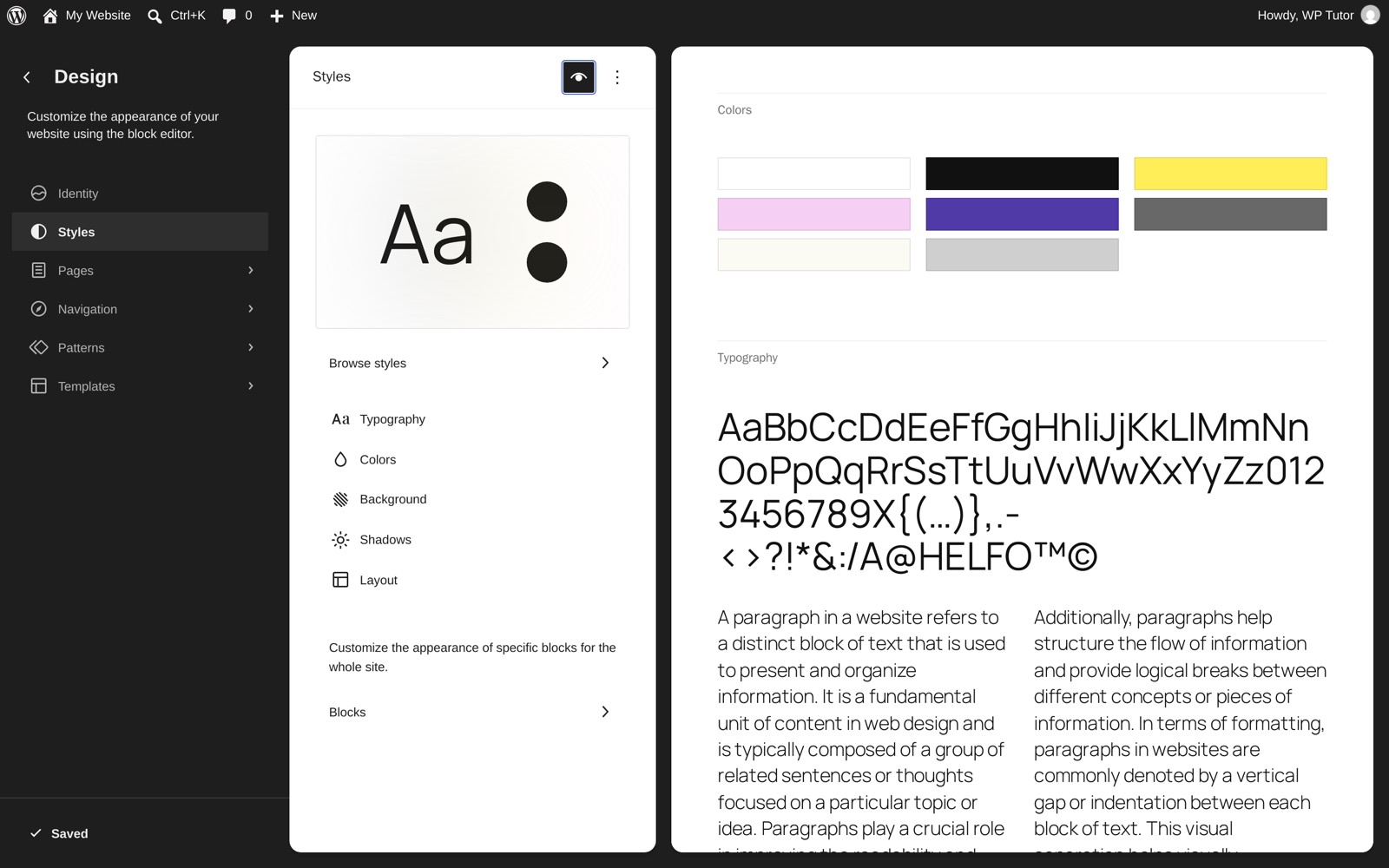 The Style Book previewing colors and typography across block types