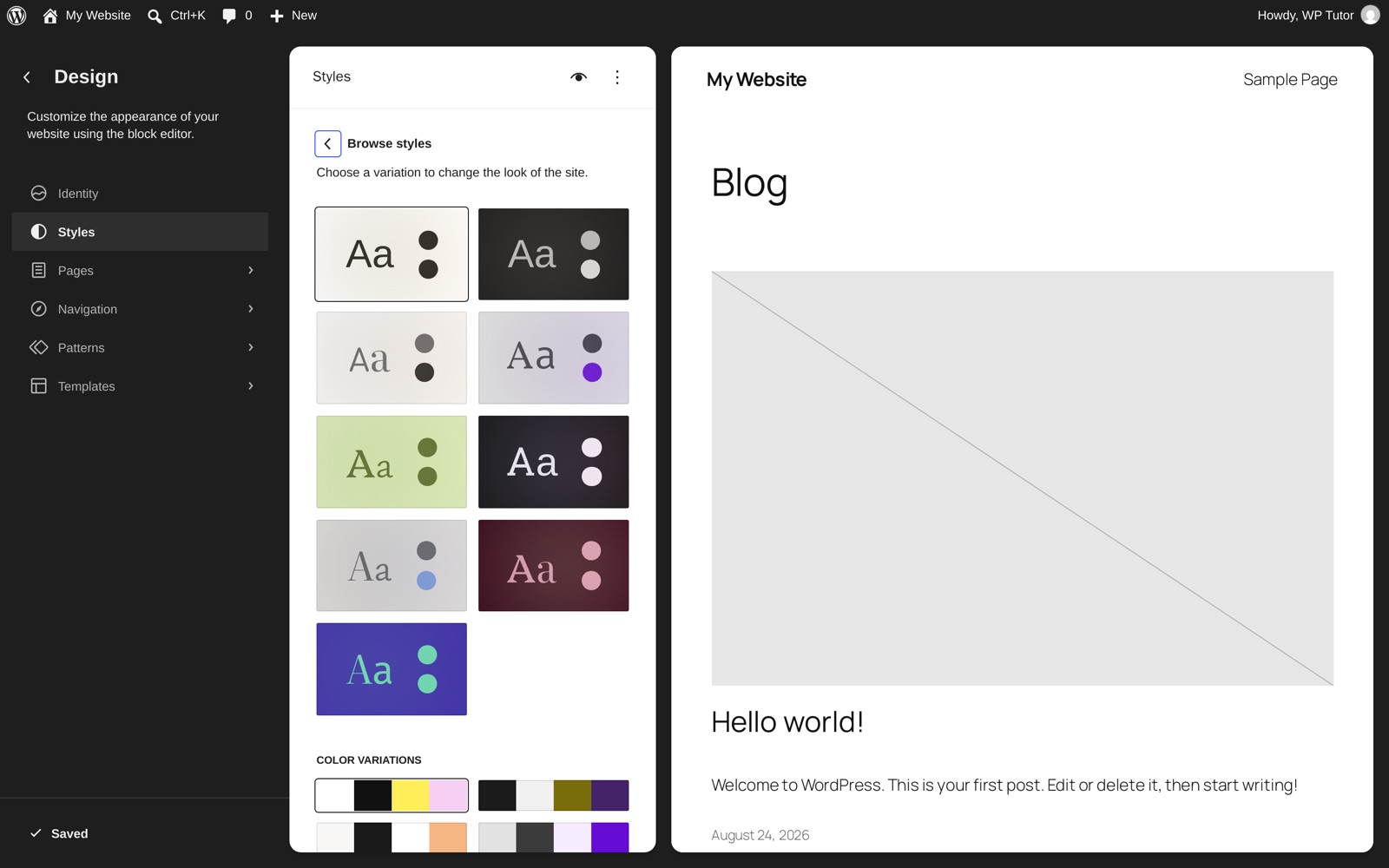 Browse styles showing Twenty Twenty-Five's style variations and color variations