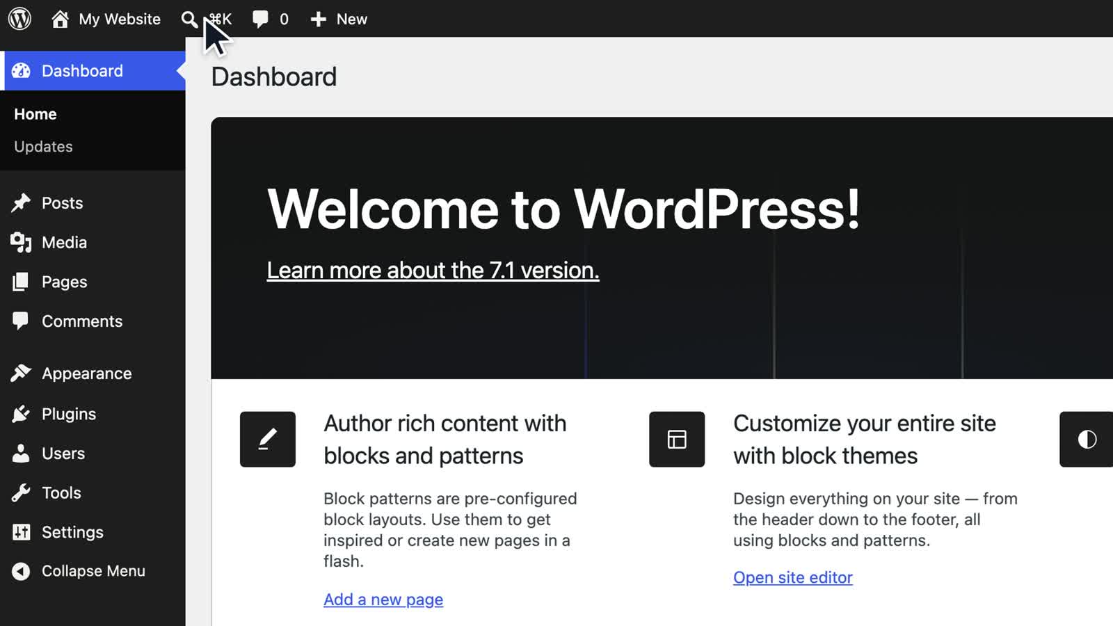 The WordPress 7.1 Dashboard as it appears in the Intro to the Dashboard lesson