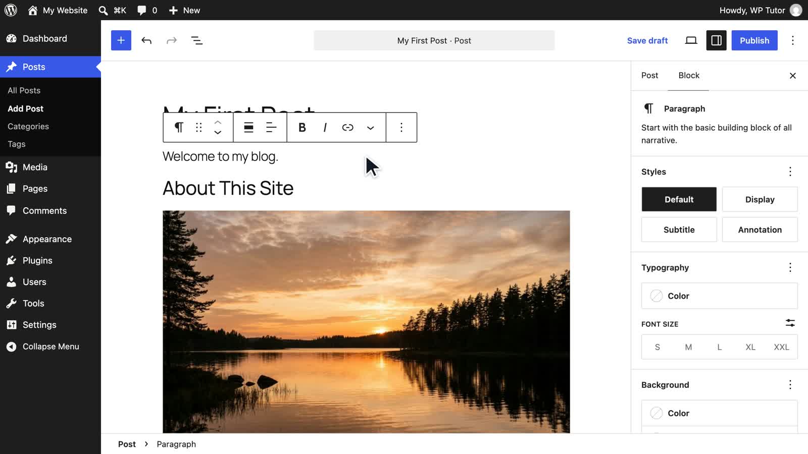 The WordPress 7.1 block editor: admin bar visible, block toolbar, and the settings sidebar