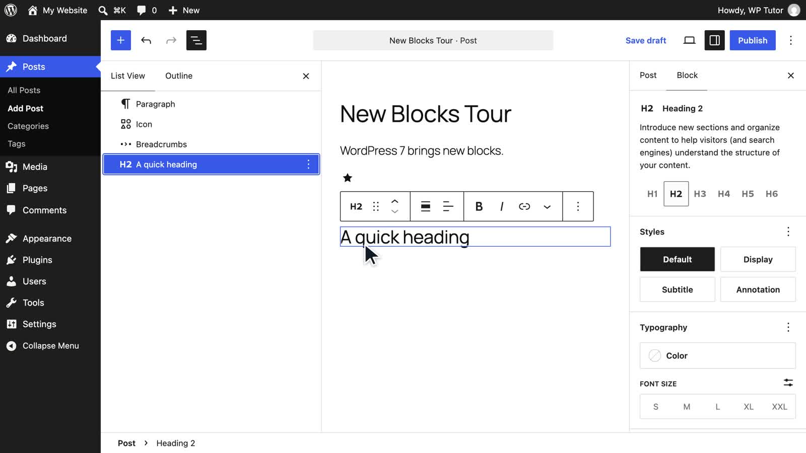 The New Blocks lesson recorded on WordPress 7.1, with the List View and Outline panel open