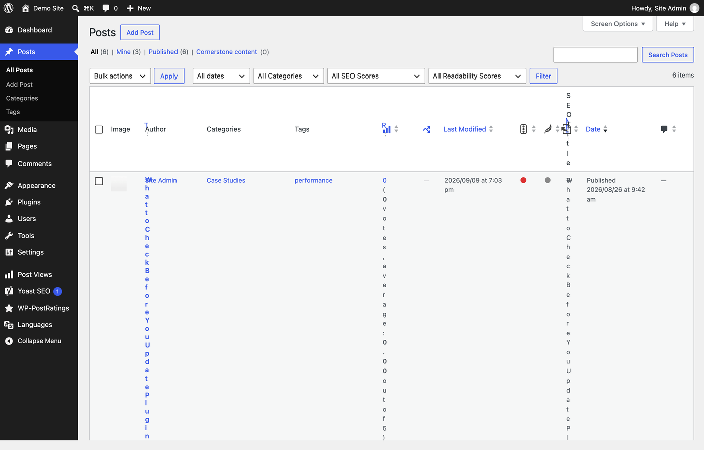 The WordPress Posts list with eighteen columns, where each post title is squeezed into a vertical column of single letters