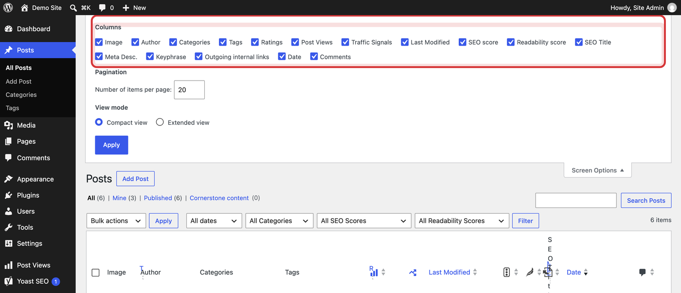The Screen Options panel open, with the Columns checkboxes highlighted