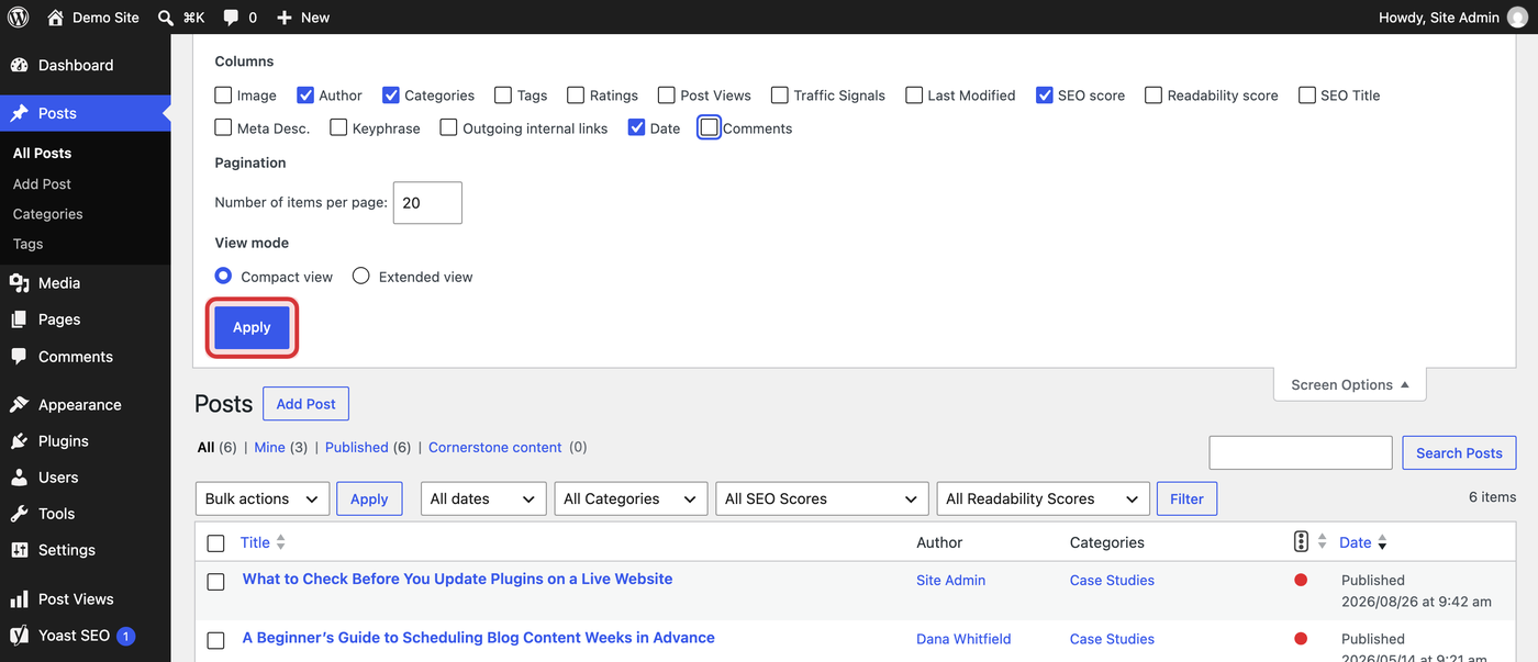 Several column checkboxes cleared, with the Apply button highlighted