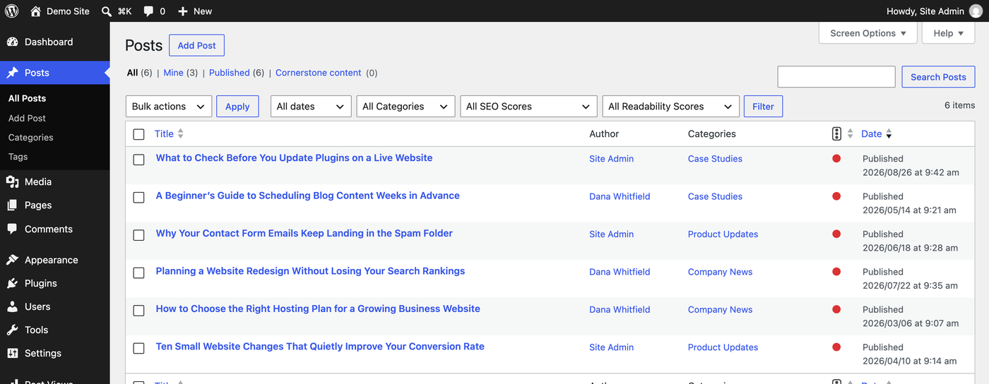The same Posts list with six columns and full-width, readable post titles