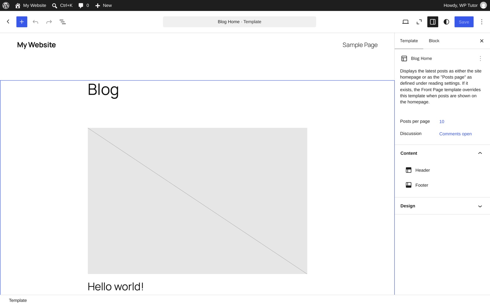 Editing the Blog Home template with the template details panel open
