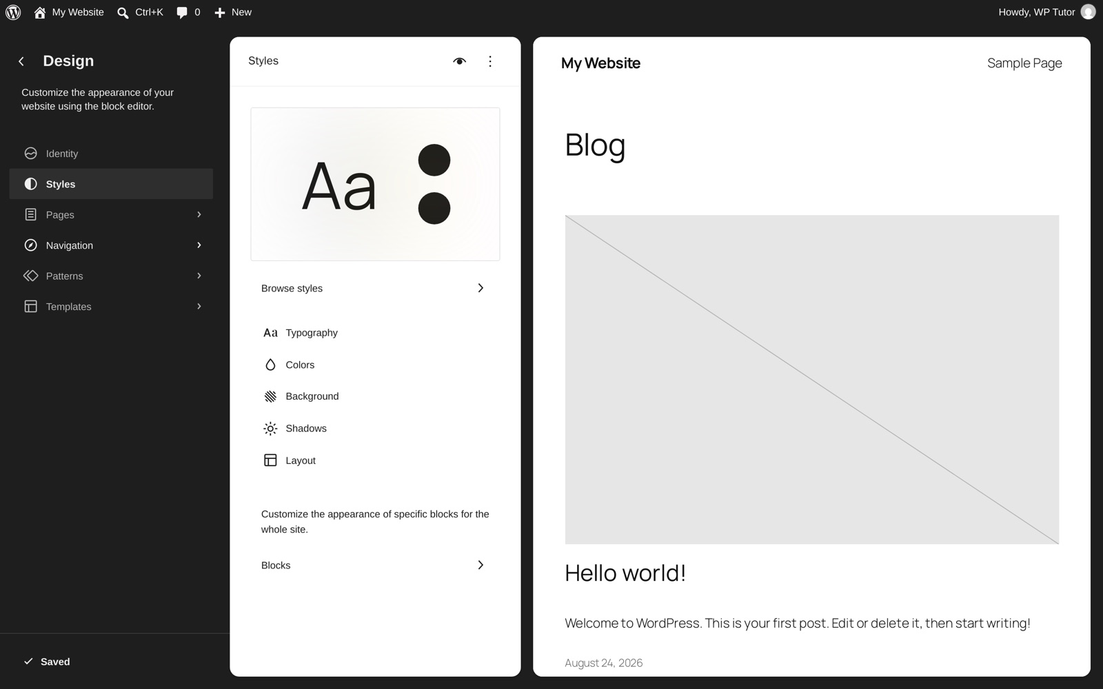 The Styles panel with Typography, Colors, Background, Shadows, and Layout options