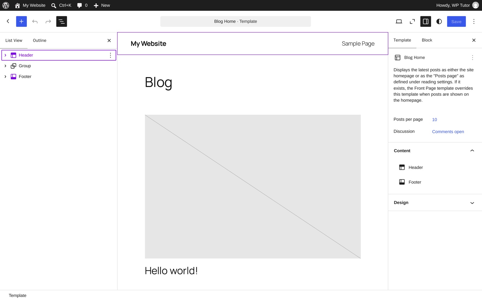 List View open showing Header, Group, and Footer with the Header selected