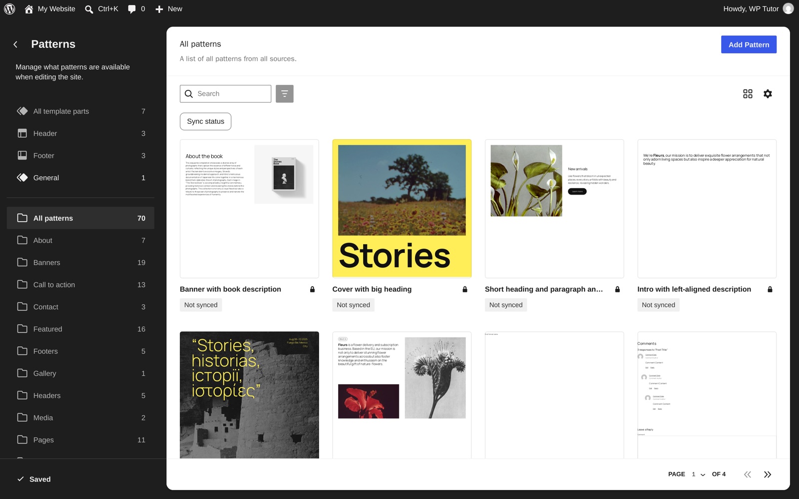 The Patterns screen listing template parts (Header, Footer) and the theme's pattern library