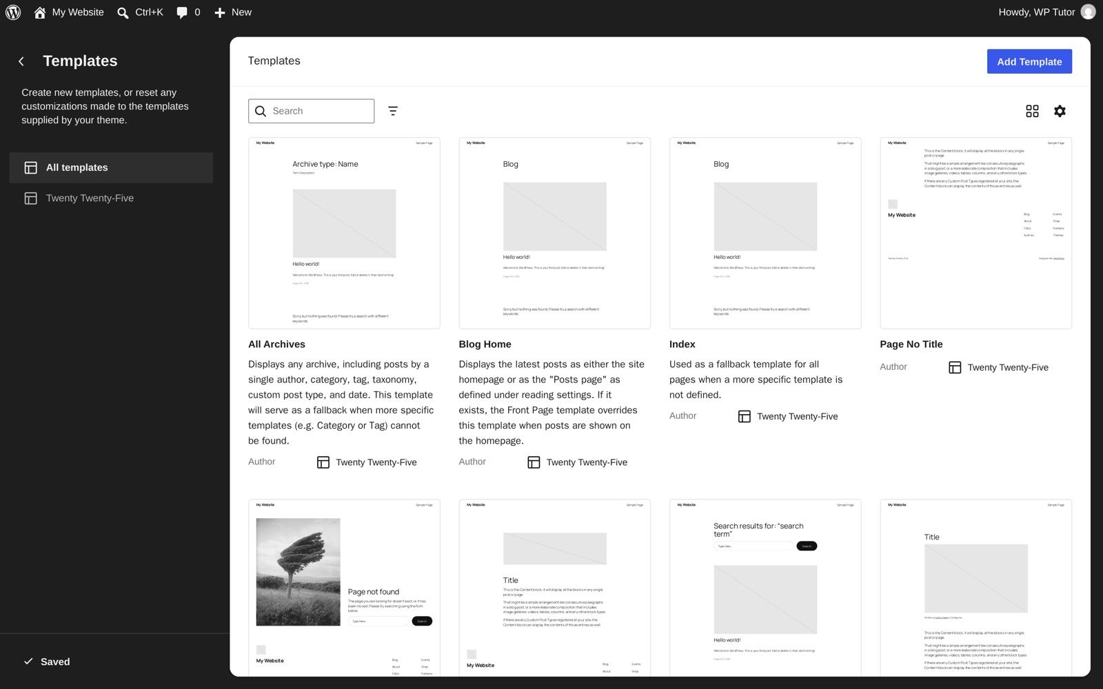 The Templates list in the Site Editor showing All Archives, Blog Home, Index and more