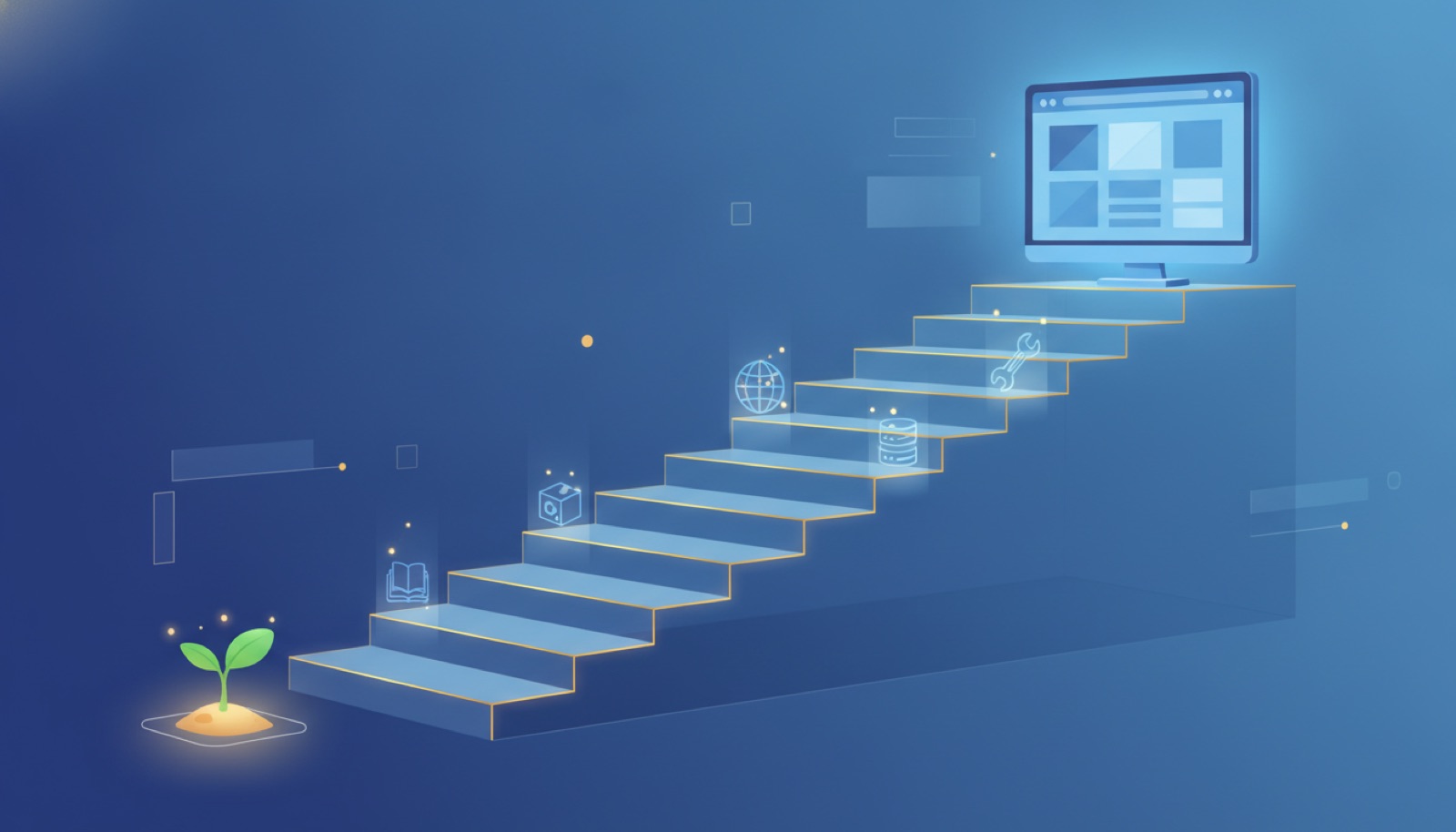 An illustrated staircase climbing from a seedling to a finished website, one step per stage of a beginner WordPress course