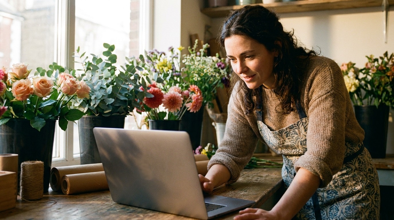 A small business owner updating her own WordPress website on a laptop in her flower shop