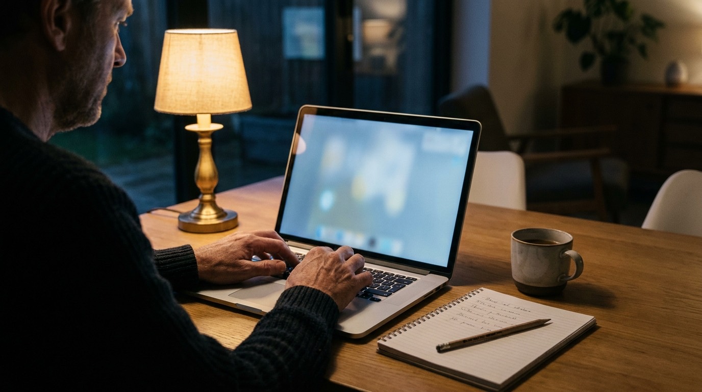 Hands typing on a laptop at a kitchen table at night while learning WordPress online at a self-paced schedule