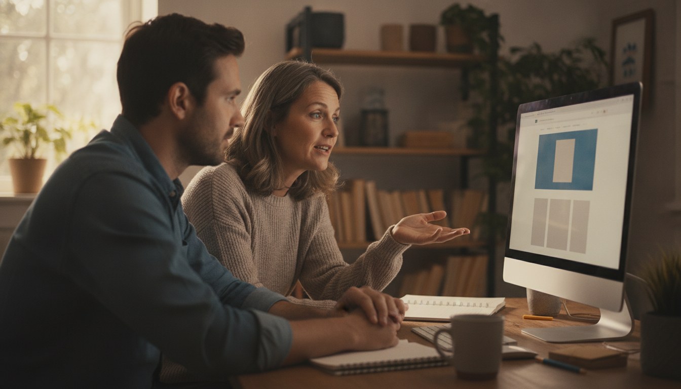 A WordPress trainer sitting beside a business owner at their desk, explaining a change on the owner's own website