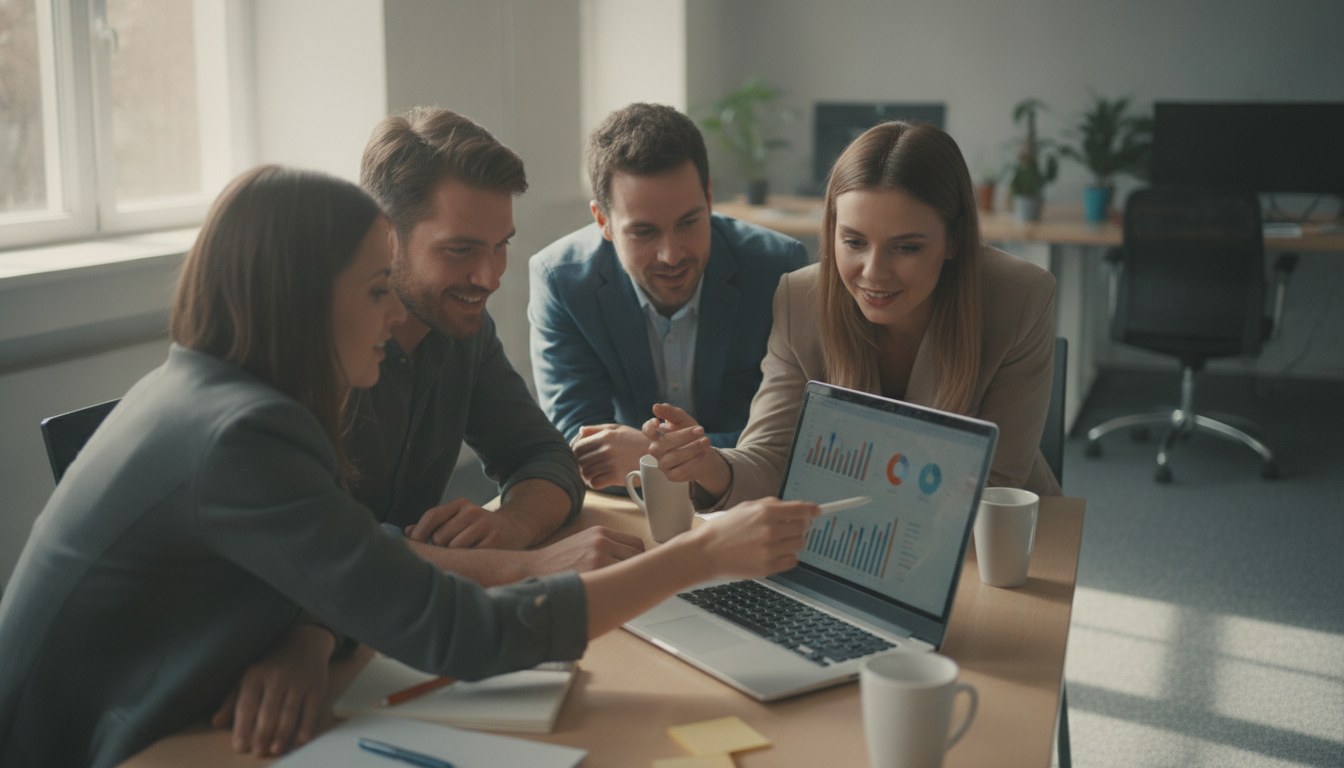 A marketing team gathered around a laptop during a WordPress training session