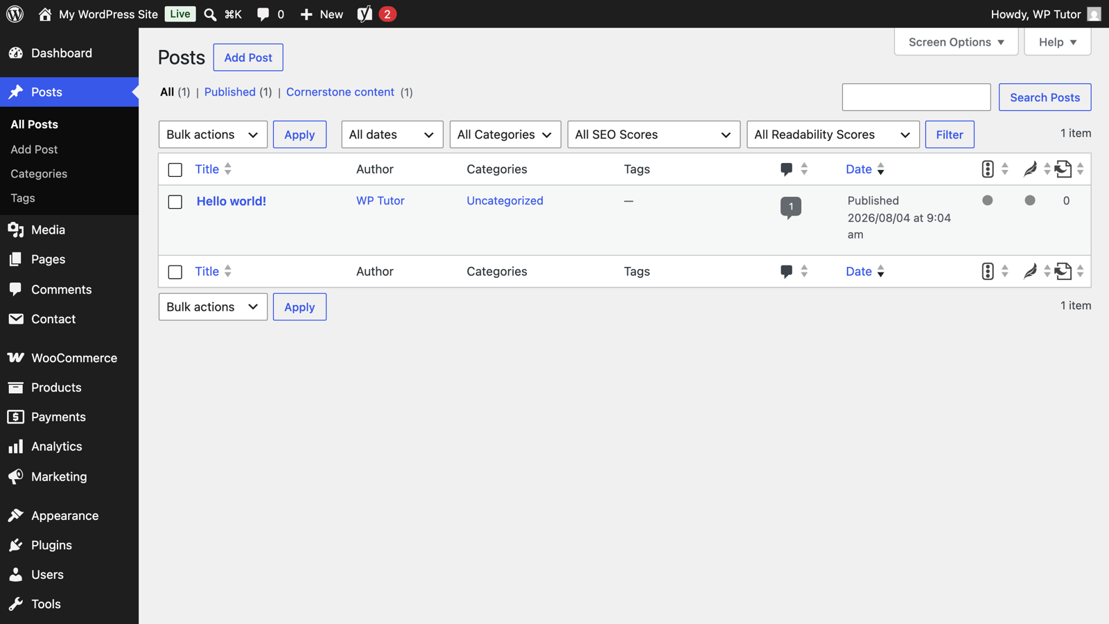 The posts list with Yoast columns and cornerstone filtering