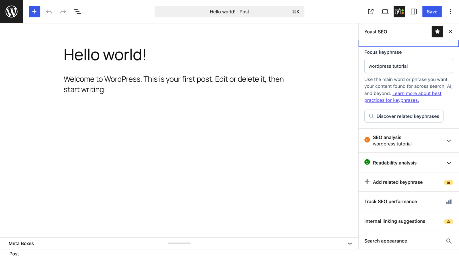 The Yoast sidebar in the editor
