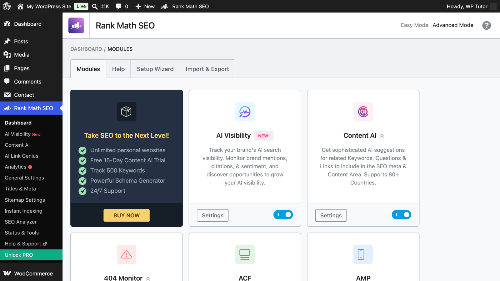 The Rank Math dashboard after migration