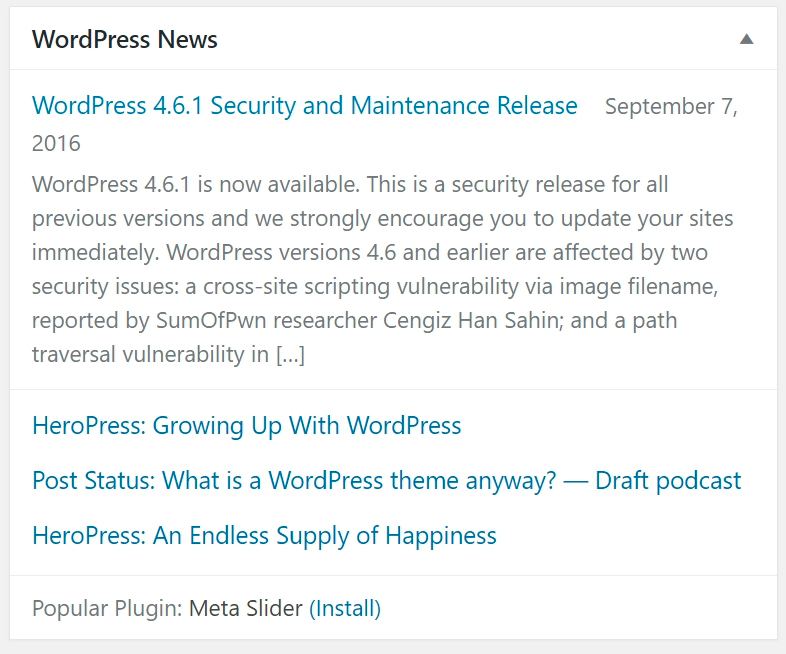 WordPress news dashboard widget