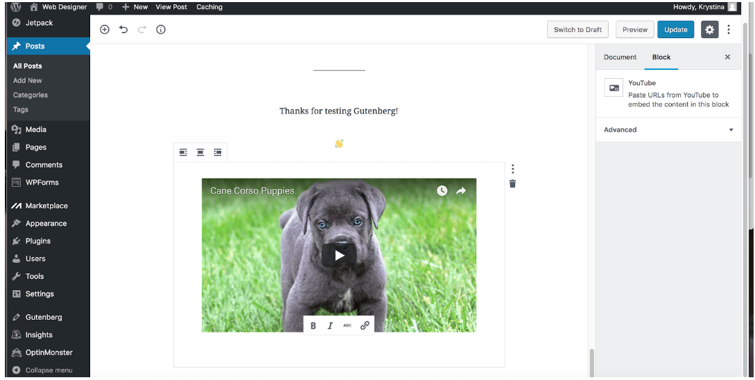 Embedding Youtube and Vimeo videos in Gutenberg WordPress 5.0