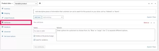 WooCommerce Variable Product attributes.